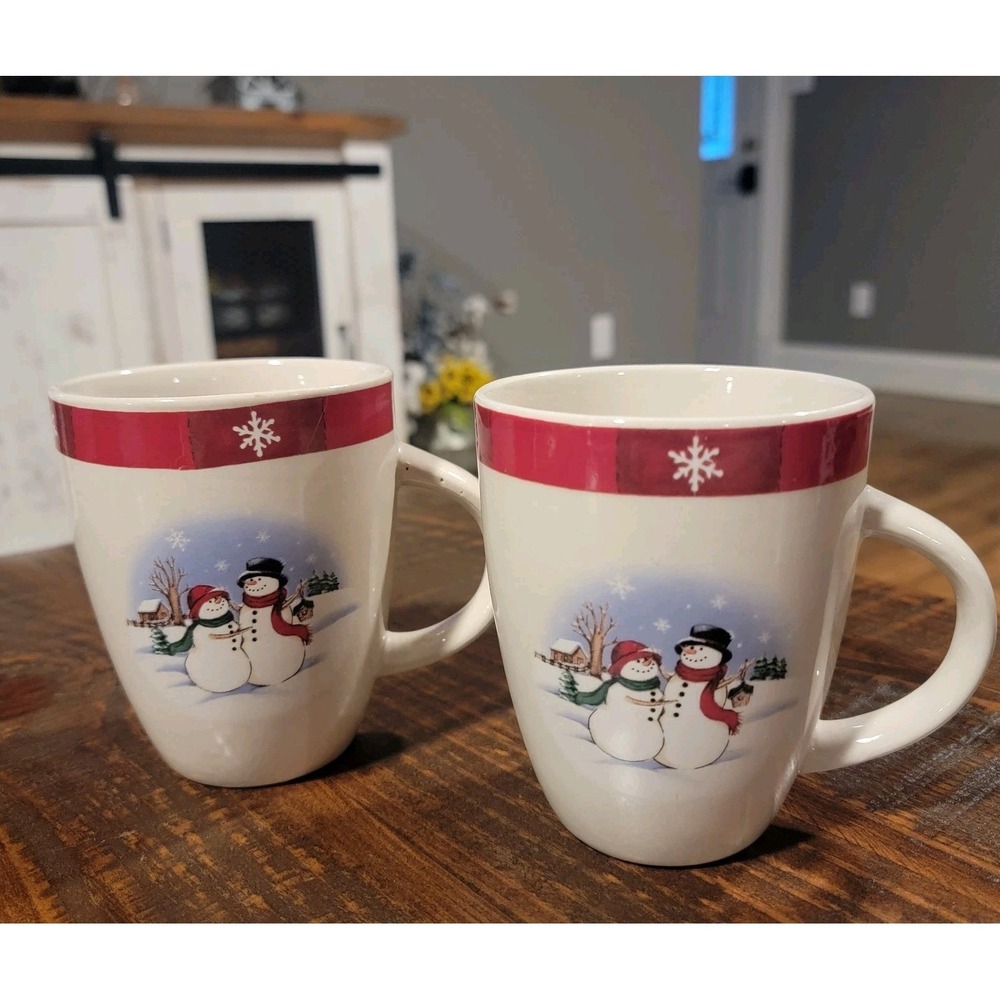 2 CHRISTMAS 4 1/2" Tall Mugs, With Red Plaid Border, Snowflakes & Snowmen